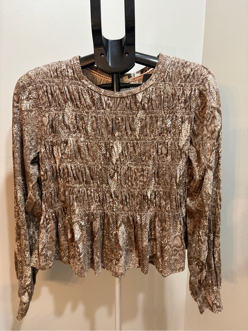 Pilcro Brown Snake-Print Long Sleeve Peplum Top